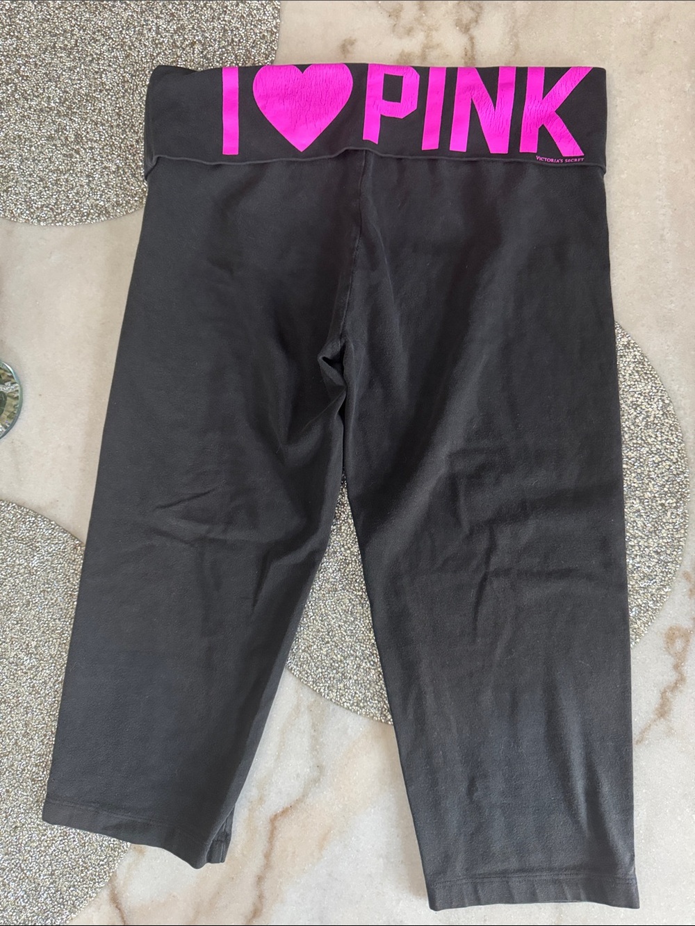 PINK Victoria's Secret Black Capri Leggings with Hot Pink Logo Waistband